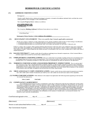 Borrower Certifications Form