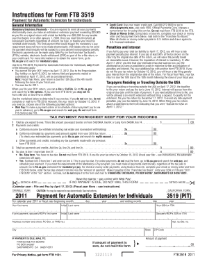 California Form FTB 3519 Payment for Automatic Extension for Individuals