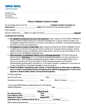 Notice of Resident's Intent to Vacate - Fort Eustis