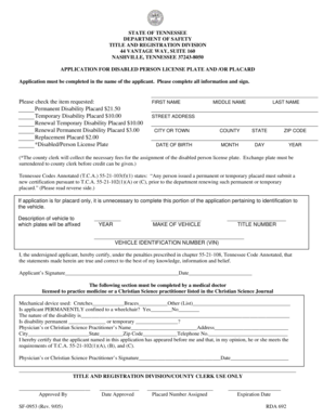 Tennessee Disabled Person License Plate and Placard Application