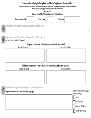 Common Core Sample Template for Multi-Day Lesson Plans or Units