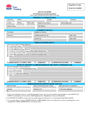 Notice of Work for Plumbing and Drainage