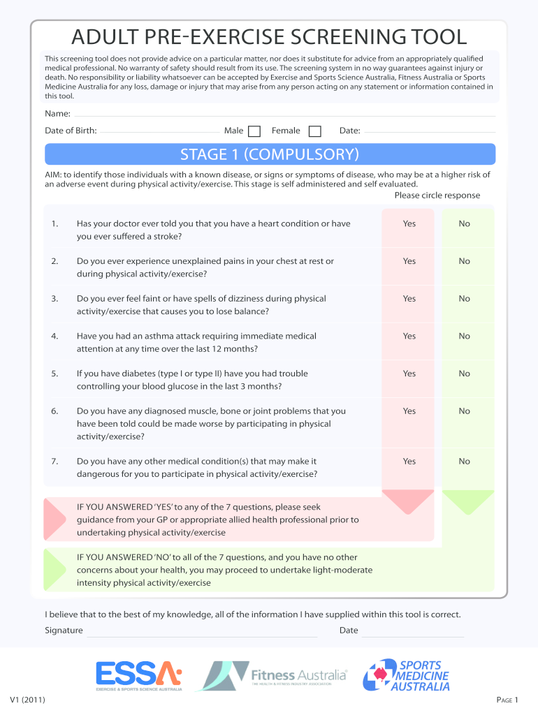 Pre Exercise Screening Form Fill Online Printable Fillable Blank 