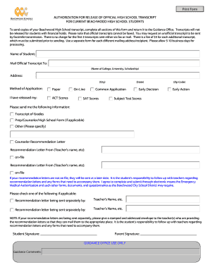 Authorization for Release of High School Transcript