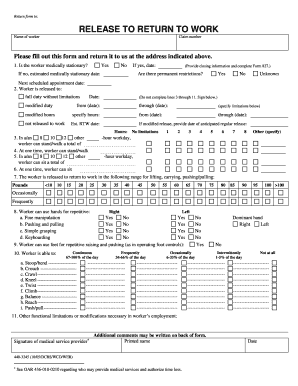 Release to Return to Work Form