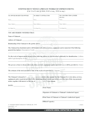 Stop Payment Notice Private Works of Improvement