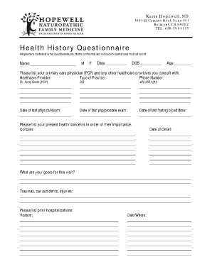 patient health history form template