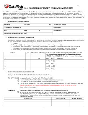 2014-2015 Dependent Student Verification Worksheet