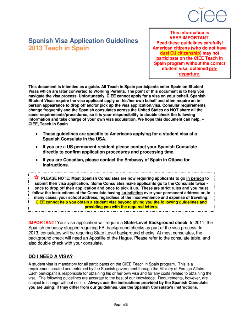 Fillable Online Ciee Spanish Visa Application Guidelines Fax Email Print PdfFiller fillable-online-ciee-spanish-visa-application-guidelines-fax-email-print-pdffiller