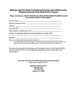 Medicare Opt Out HPSA PSA Bonus Program