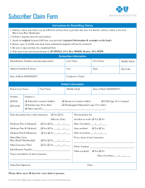 Blue Cross Blue Shield Subscriber Claim Form