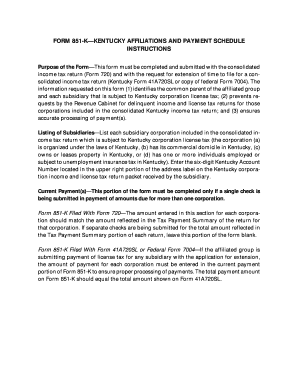 Kentucky Affiliations and Payment Schedule Form 851-K