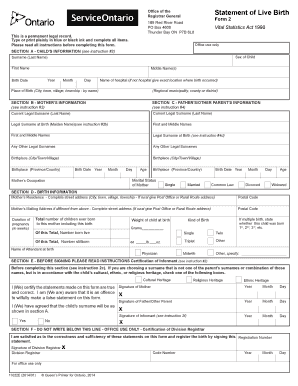 Ontario Statement of Live Birth Form