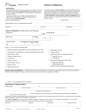 Ontario Ministry of Finance Notice of Objection