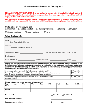 Urgent Care Application for Employment