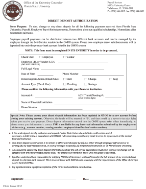 Florida State University Direct Deposit Authorization