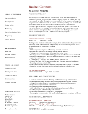 Resume template pdf editable - rachel connors waitress template