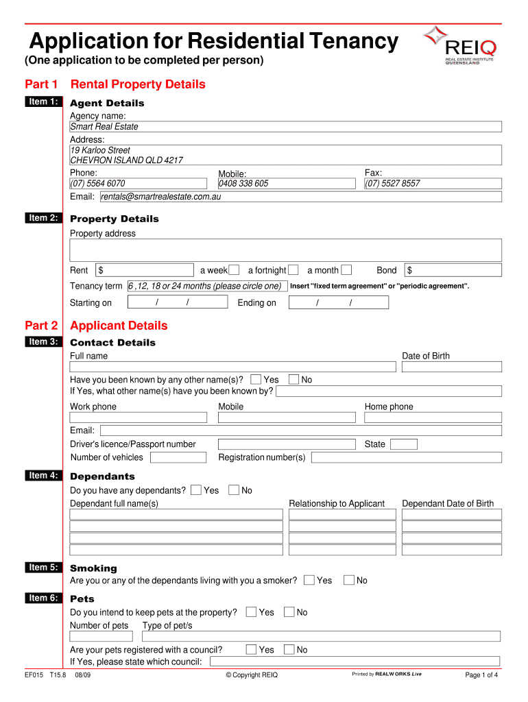 Application for Residential Tenancy - Smart Real Estate Preview on Page 1.