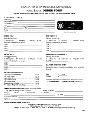 The Salvation Army Resource Connection Badge Order Form