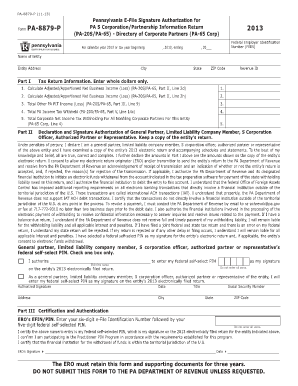 Pennsylvania E-File Signature Authorization for PA-8879-P