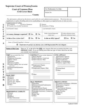 Pennsylvania Civil Cover Sheet