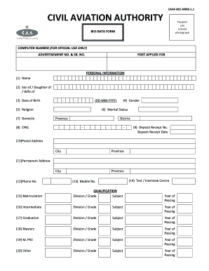 Civil Aviation Authority Passport Size Bio Data Form