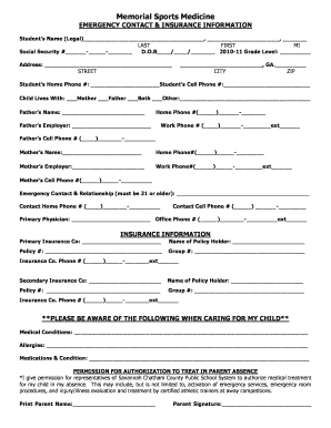 Memorial Sports Medicine Emergency Contact Form