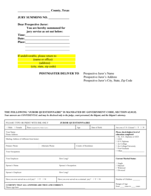 Texas Jury Summons and Questionnaire