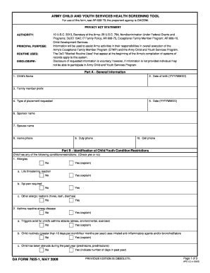 Army Child and Youth Services Health Screening Tool