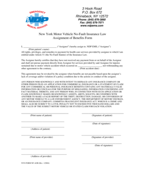 New York No-Fault Insurance Assignment of Benefits Form