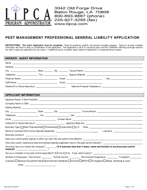 Pest Management Professional General Liability Application