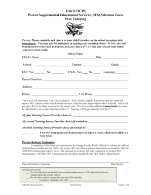Title I Parent Supplemental Educational Services Selection Form