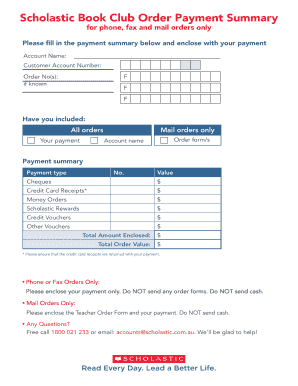 Scholastic Book Club Order Payment Summary