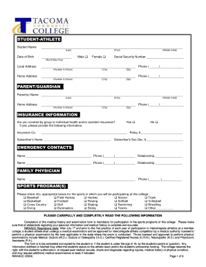 Student Athlete Medical History Form