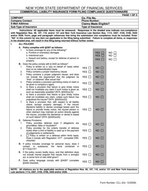 New York Commercial Liability Insurance Form Filing Compliance Questionnaire