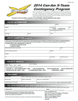 2014 Can-Am X-Team Contingency Program Form