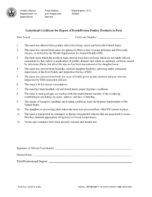 Letterhead Certificate for Export of Fresh/Frozen Poultry Products to Peru. Letterhead Certificate for Export of Fresh/Frozen Poultry Products to Peru - fsis usda
