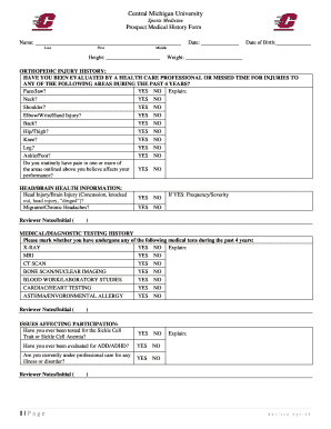 Central Michigan University Sports Medicine Prospect Medical History Form