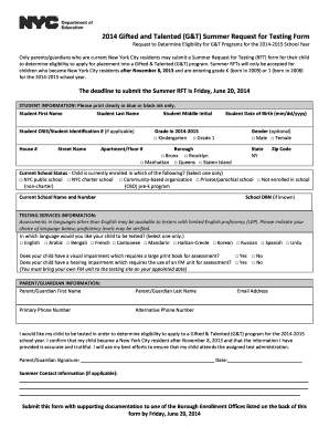 2014 Gifted and Talented Summer Request for Testing Form