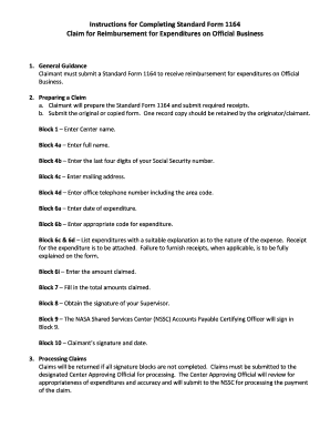 Standard Form 1164 Claim for Reimbursement
