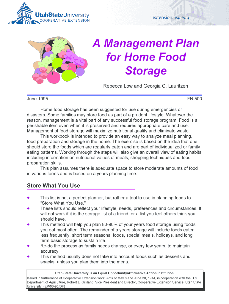 Fillable Online extension usu A Management Plan for Home Food Storage