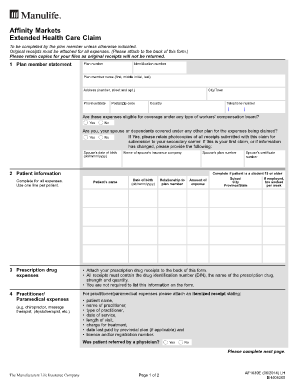 Manulife Affinity Markets Extended Health Care Claim 2011 Form: Fill