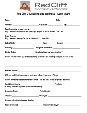 Adult Intake Form for Counseling