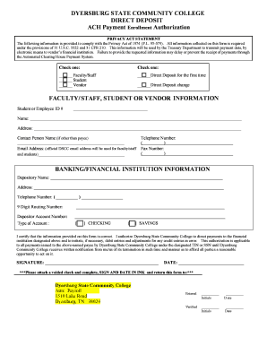 Dyersburg State Community College Direct Deposit Authorization