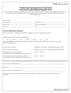 Private Duty Nursing/Home Health Aide Concurrent Authorization Request Form