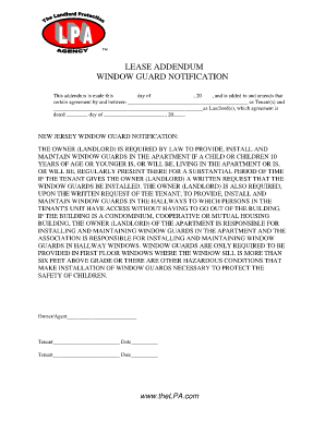 Addendum to lease extension - New Jersey Lease Addendum: Window Guard Notification