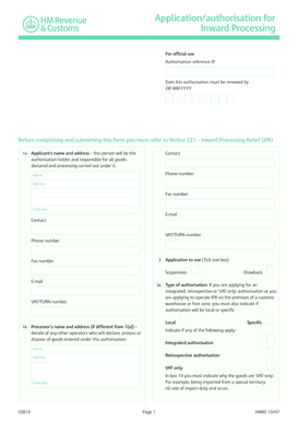 UK Inward Processing Authorisation Application
