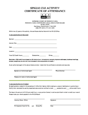 Pennsylvania CLE Certificate of Attendance
