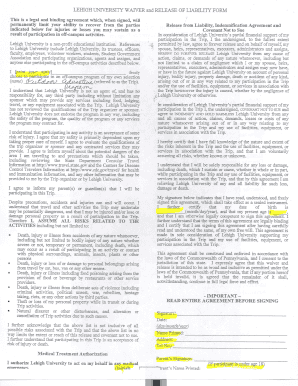 Lehigh University Waiver and Release of Liability Form