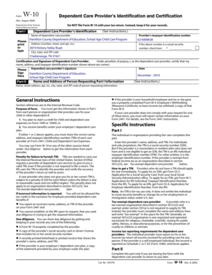 Form W-10 Dependent Care Provider Certification